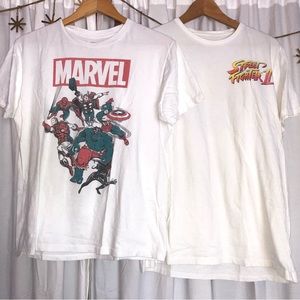 White Marvel & Street Fighter graphic T shirts